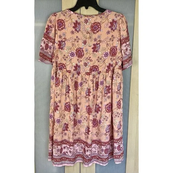 Beachsissi Summer Dress Womens Sz M Pink Floral Short Sleeve Tassels Bach Casual - Picture 4 of 5